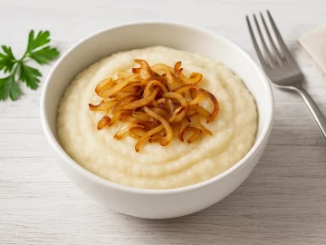 Herzhafter Grießbrei, verfeinert mit gerösteten Zwiebeln, in einer weißen Schüssel angerichtet