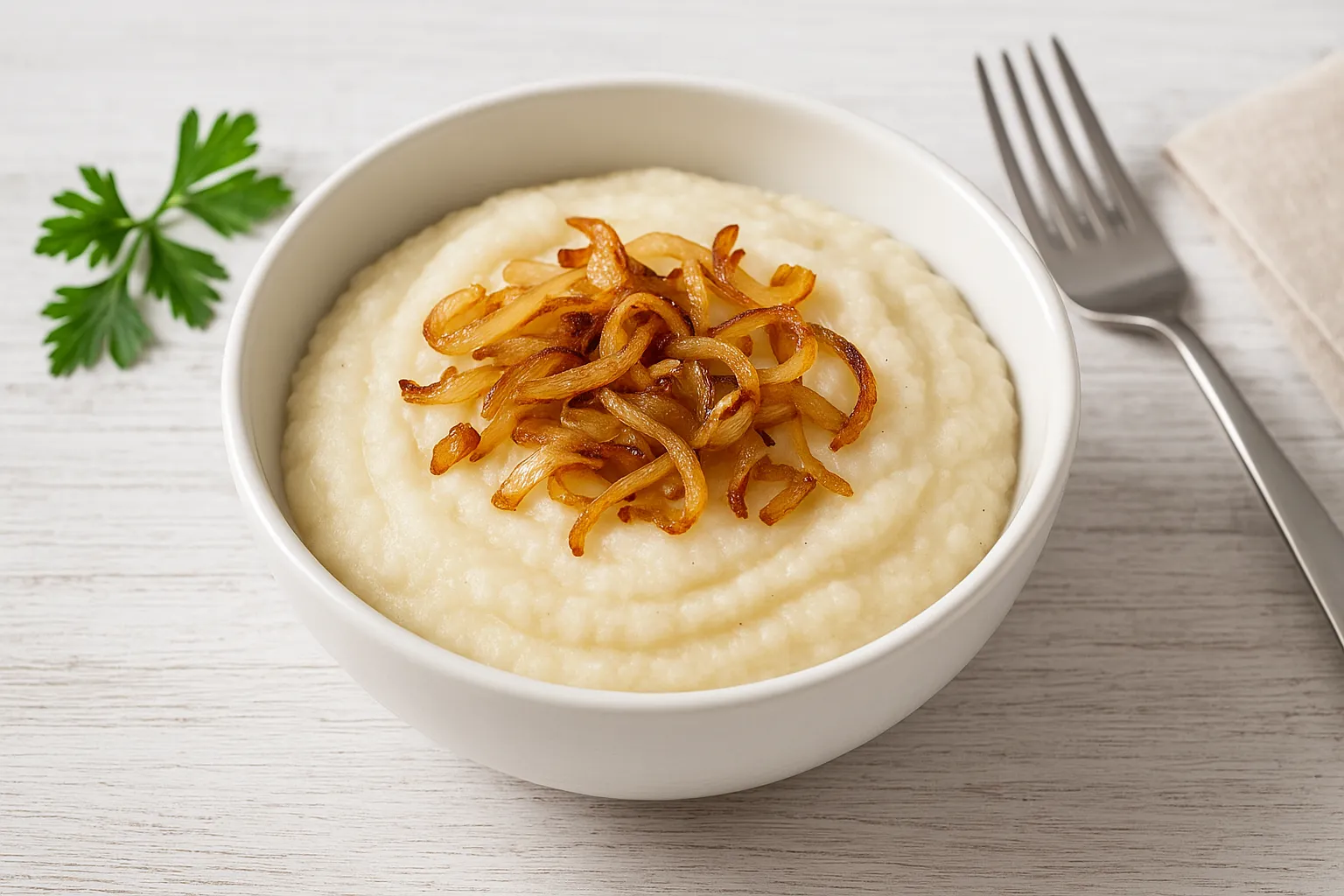 Herzhafter Grießbrei, verfeinert mit gerösteten Zwiebeln, in einer weißen Schüssel angerichtet