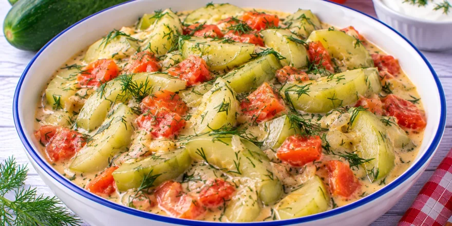 Gedünstete Gurken mit Tomaten in cremiger Sahnesoße und frischem Dill.