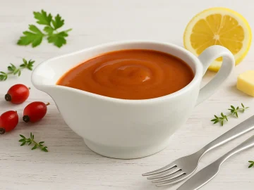 Hagebuttensoße in weißer Sauciere auf hellem Holztisch, daneben Hagebutten, Zitrone und Besteck