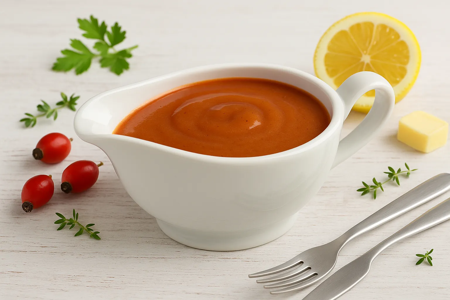 Hagebuttensoße in weißer Sauciere auf hellem Holztisch, daneben Hagebutten, Zitrone und Besteck