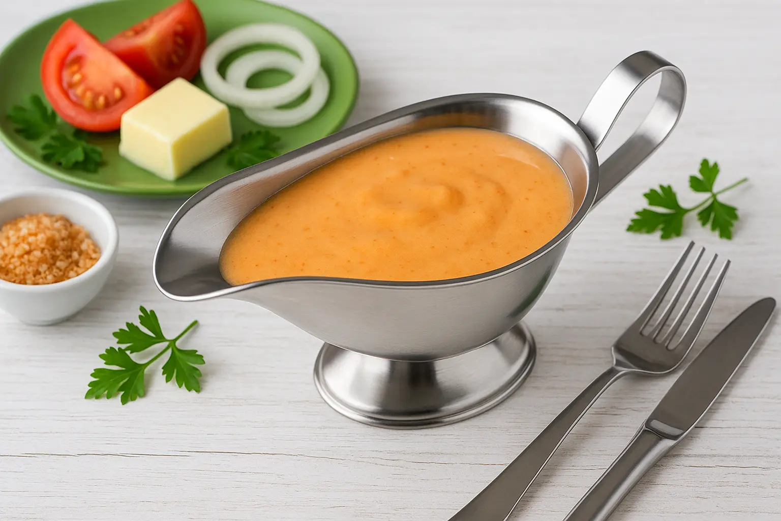 Cremige helle Tomatensoße in Edelstahl-Sauciere, angerichtet auf weißem Holztisch mit Tomaten und Butter als Deko.