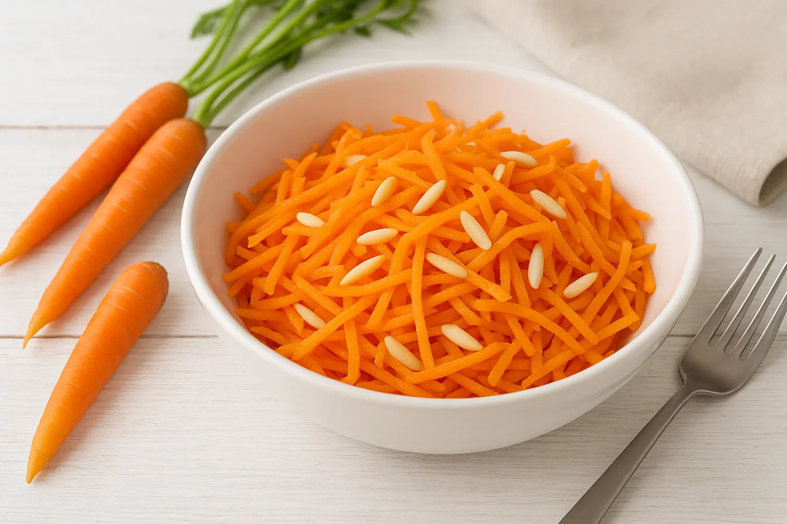 Weiße Schüssel mit Karottensalat und Mandeln auf weißem Holzhintergrund, dekoriert mit frischen Karotten
