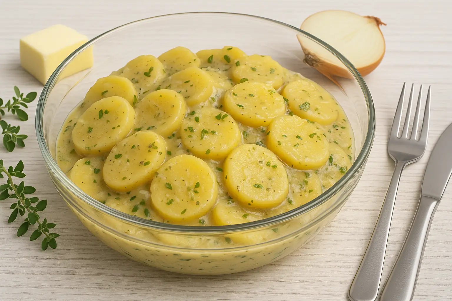  Kartoffeln in Majoran mit cremiger Soße, serviert in einer Glasschüssel auf weißem Holztisch, dekoriert mit frischem Majoran.