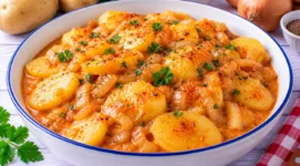 Kartoffelscheiben in cremiger Paprikasoße mit Zwiebeln und Kümmel.