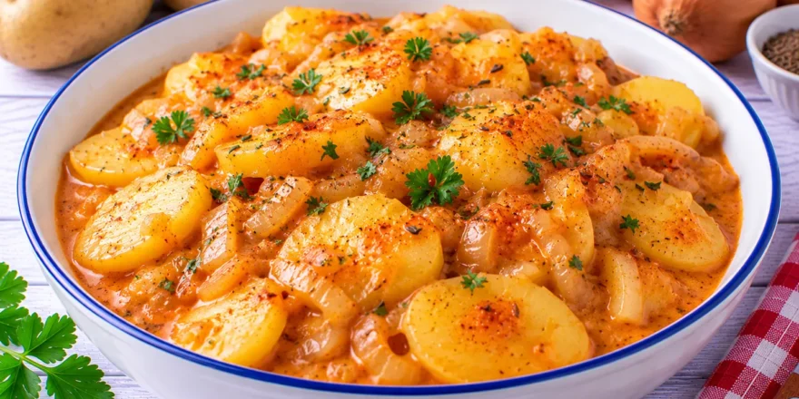Kartoffelscheiben in cremiger Paprikasoße mit Zwiebeln und Kümmel.