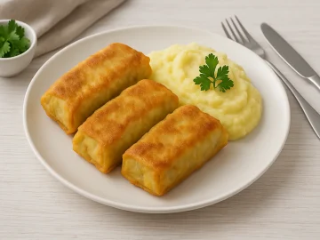 Paniert ausgebackene Kohlblätter auf weißem Teller mit Kartoffelbrei, serviert auf weißem Holztisch.