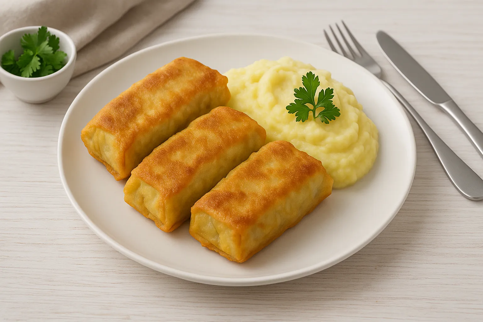 Paniert ausgebackene Kohlblätter auf weißem Teller mit Kartoffelbrei, serviert auf weißem Holztisch.