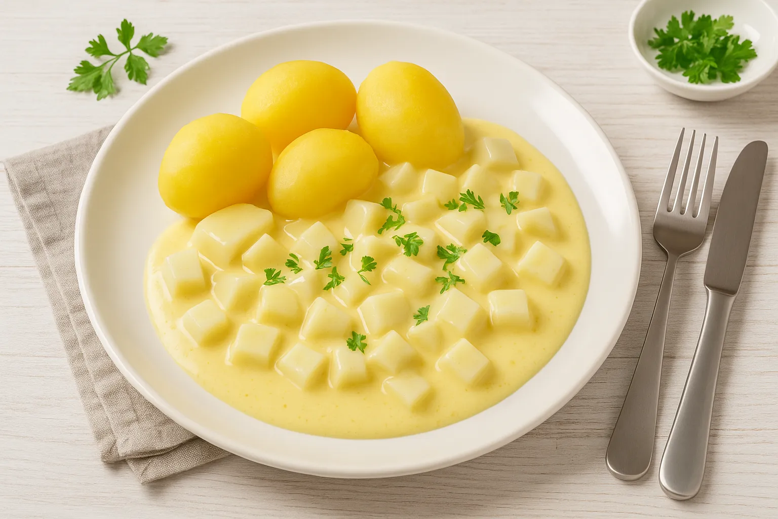  Zarte Kohlrabi in cremiger Eiersoße auf weißem Teller, serviert mit Kartoffeln auf weißem Holztisch.
