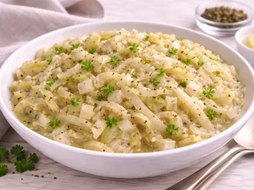 Kohlrabikraut aus Kohlrabistreifen mit Zwiebeln, Kümmel und leichter Bindung in weißer Schüssel auf hellem Holztisch.