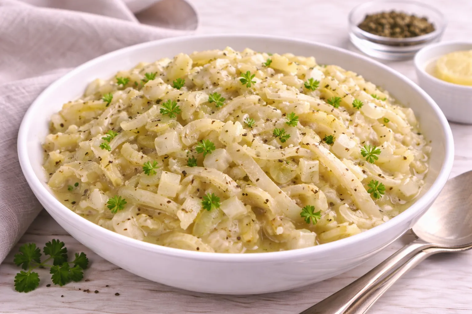 Kohlrabikraut aus Kohlrabistreifen mit Zwiebeln, Kümmel und leichter Bindung in weißer Schüssel auf hellem Holztisch.