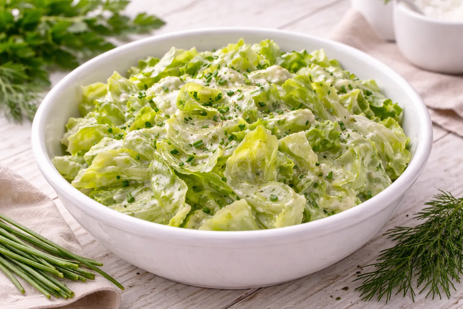 Blattsalat mit cremigem Sahnedressing in weißer Schüssel auf hellem Holztisch