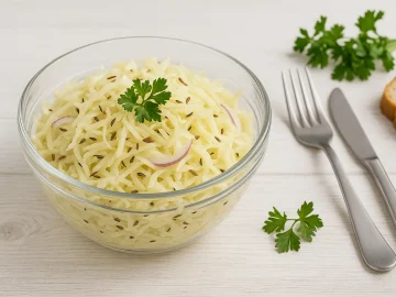 Glasschüssel mit Krautsalat aus gehobeltem Kohl, Zwiebeln und Kümmel, garniert mit Kräutern, auf weißem Holzhintergrund.