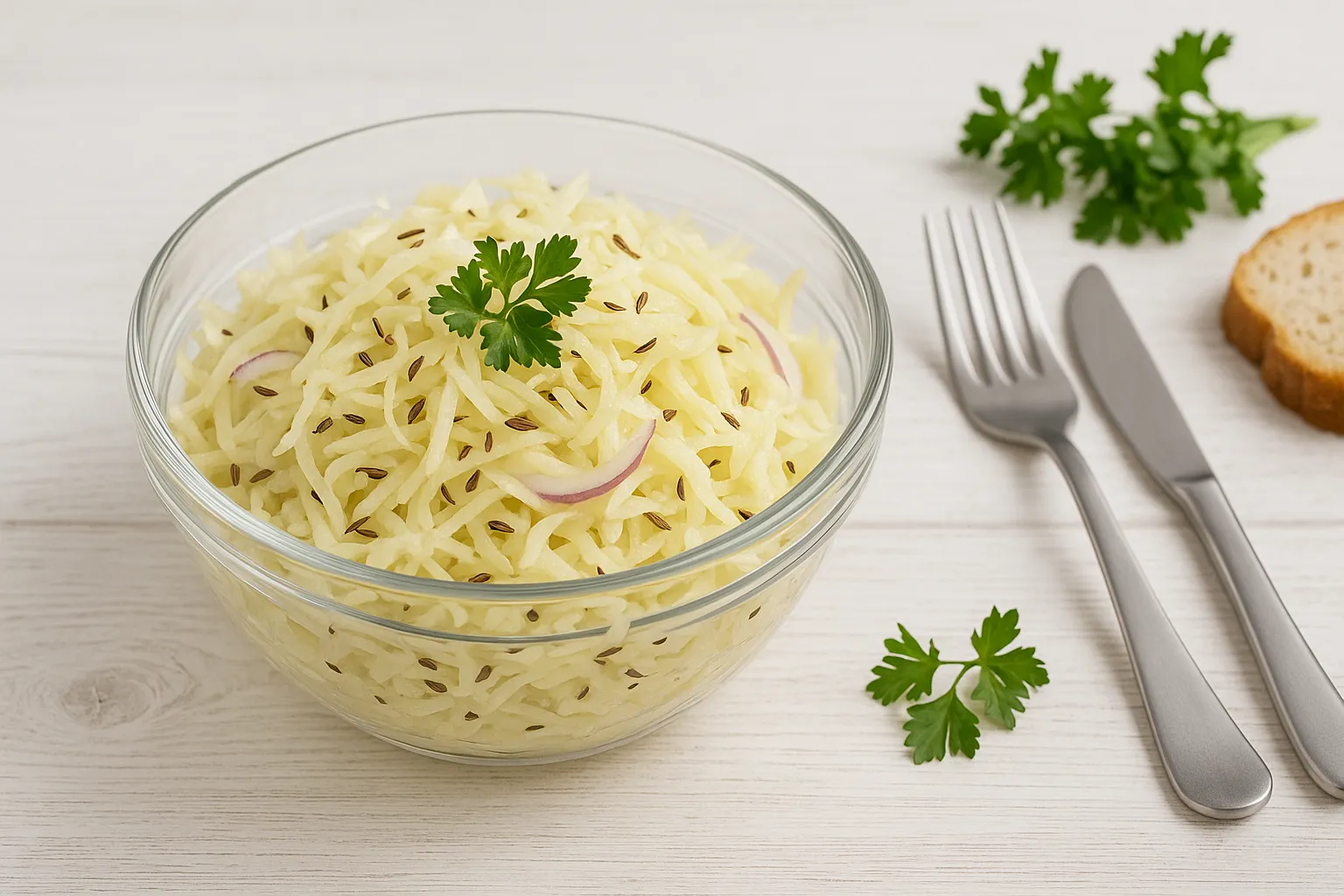 Glasschüssel mit Krautsalat aus gehobeltem Kohl, Zwiebeln und Kümmel, garniert mit Kräutern, auf weißem Holzhintergrund.