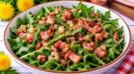 Frischer Löwenzahnsalat mit gebratenen Speckwürfeln, Schalotten und Essig.