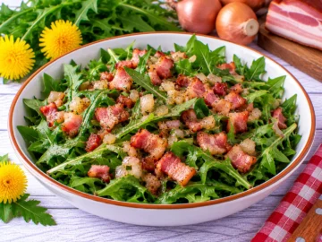 Frischer Löwenzahnsalat mit gebratenen Speckwürfeln, Schalotten und Essig.