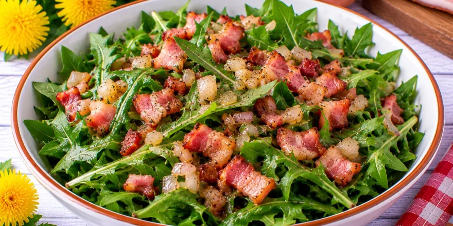 Frischer Löwenzahnsalat mit gebratenen Speckwürfeln, Schalotten und Essig.
