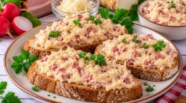 Cremiger Meerrettichaufstrich mit Butter und fein gehacktem Rauchfleisch auf frischem Brot.