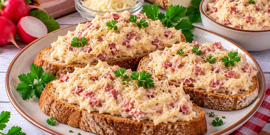 Cremiger Meerrettichaufstrich mit Butter und fein gehacktem Rauchfleisch auf frischem Brot.