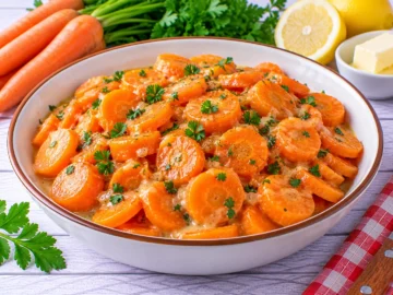Gedünstete Möhrenscheiben mit Butter, Zitronensaft und frischer Petersilie.