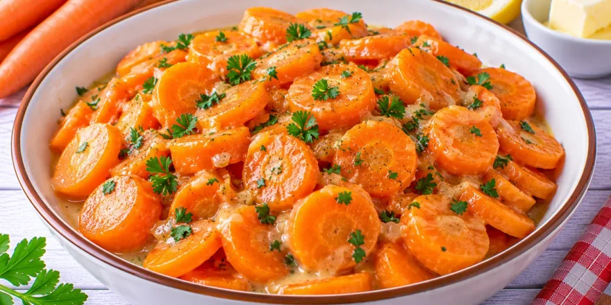 Gedünstete Möhrenscheiben mit Butter, Zitronensaft und frischer Petersilie.