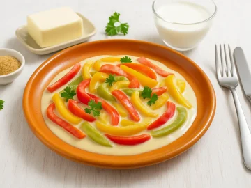 Gedünstete Paprikaschoten in Sahnesoße auf orangefarbenem Teller, mit Butter, Sahne und Petersilie auf weißem Holztisch.