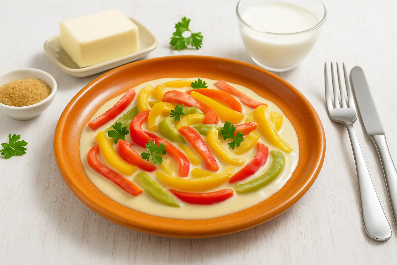  Gedünstete Paprikaschoten in Sahnesoße auf orangefarbenem Teller, mit Butter, Sahne und Petersilie auf weißem Holztisch.