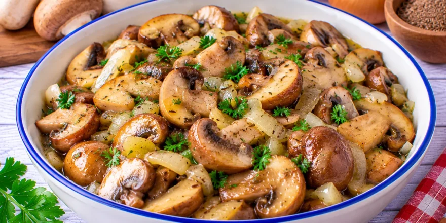 Gedünstete Pilze mit Zwiebeln, Butter und Kümmel in einer Pfanne.