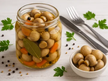 Eingelegte Pilze in Essig mit Gemüse, Pfefferkörnern und Lorbeerblatt in Glasgefäß auf hellem Holztisch mit Deko und Besteck