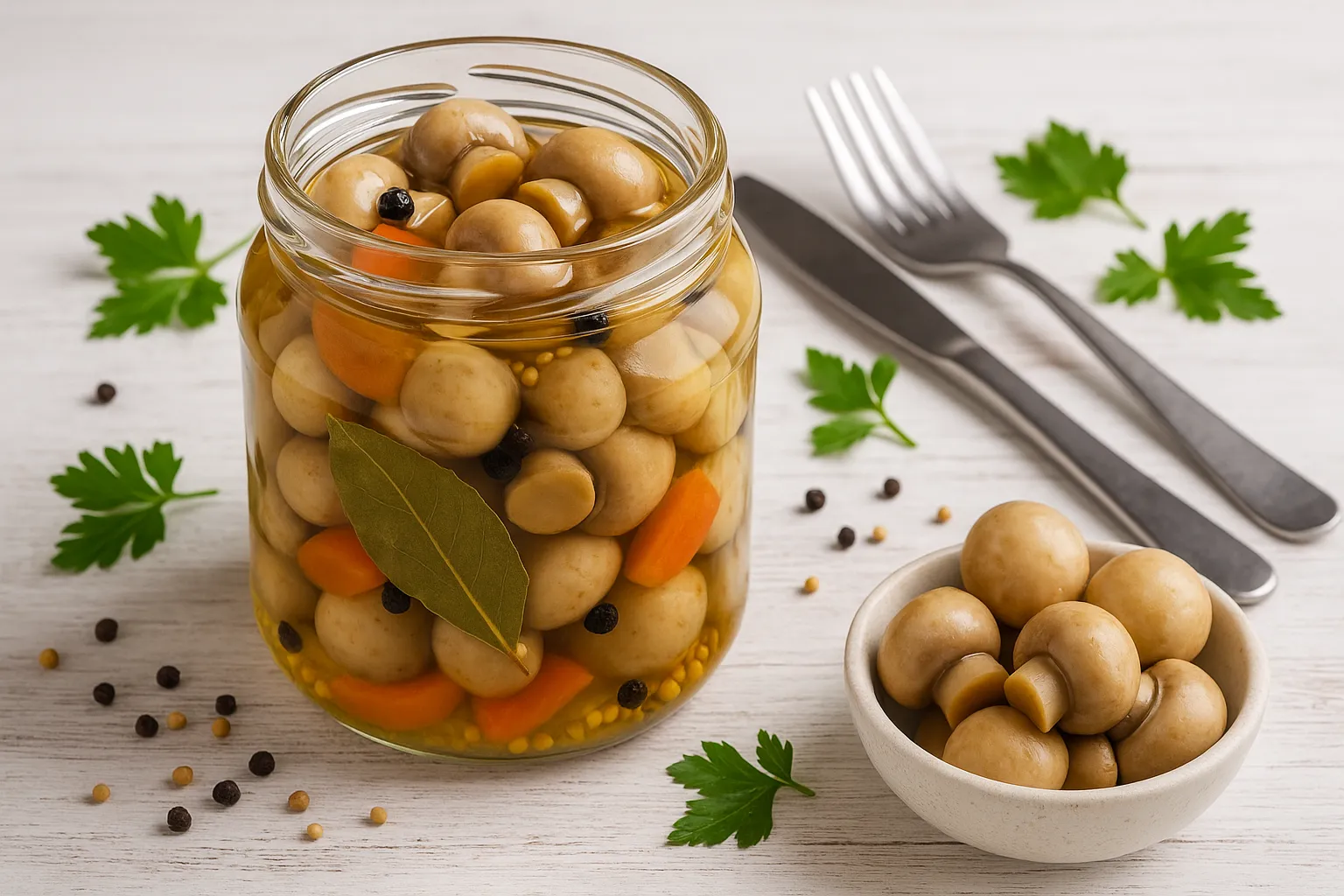 Eingelegte Pilze in Essig mit Gemüse, Pfefferkörnern und Lorbeerblatt in Glasgefäß auf hellem Holztisch mit Deko und Besteck