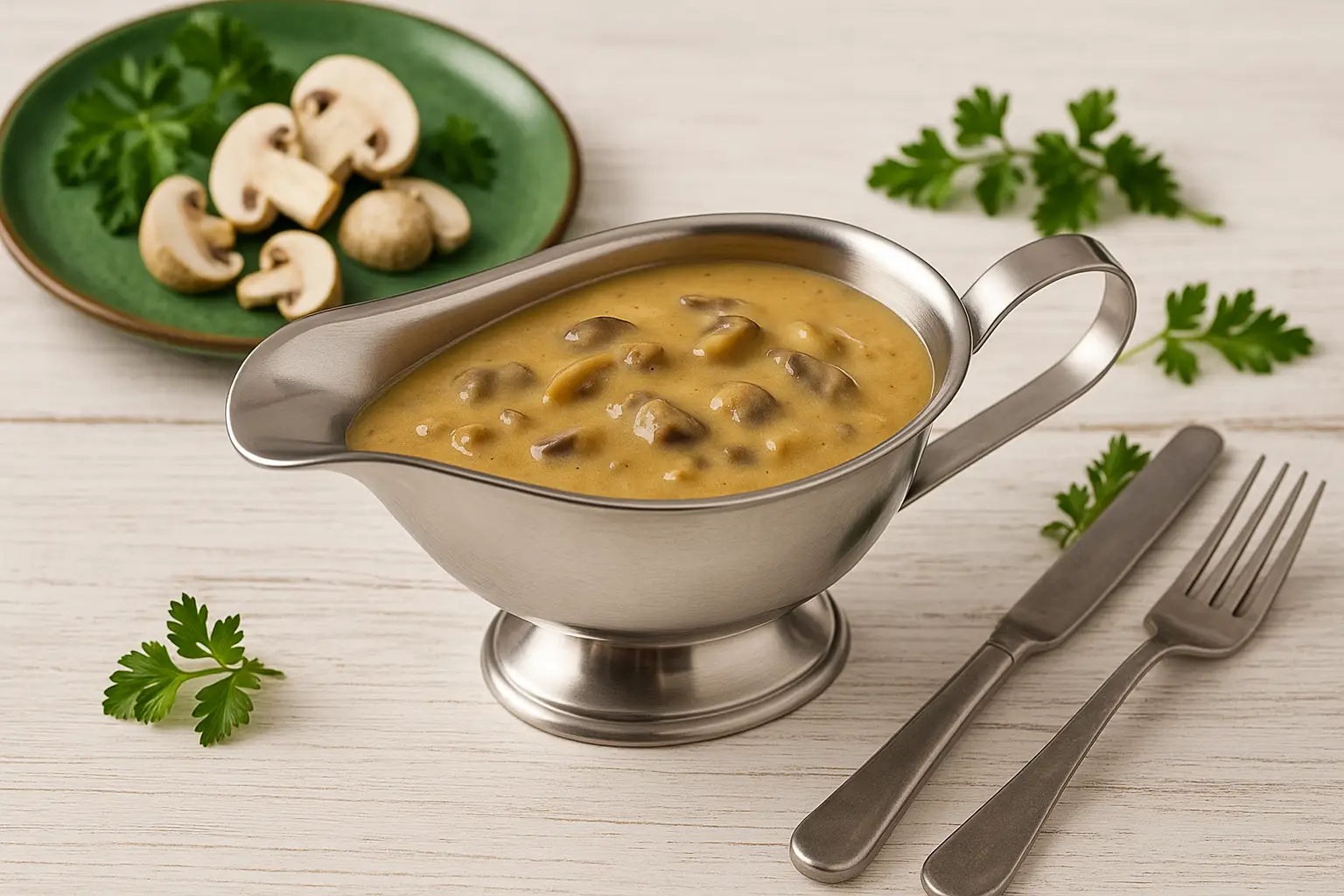  Pilzsoße in Edelstahl-Sauciere, angerichtet auf weißem Holztisch, daneben grüne Deko und Pilze auf rustikalem Teller.