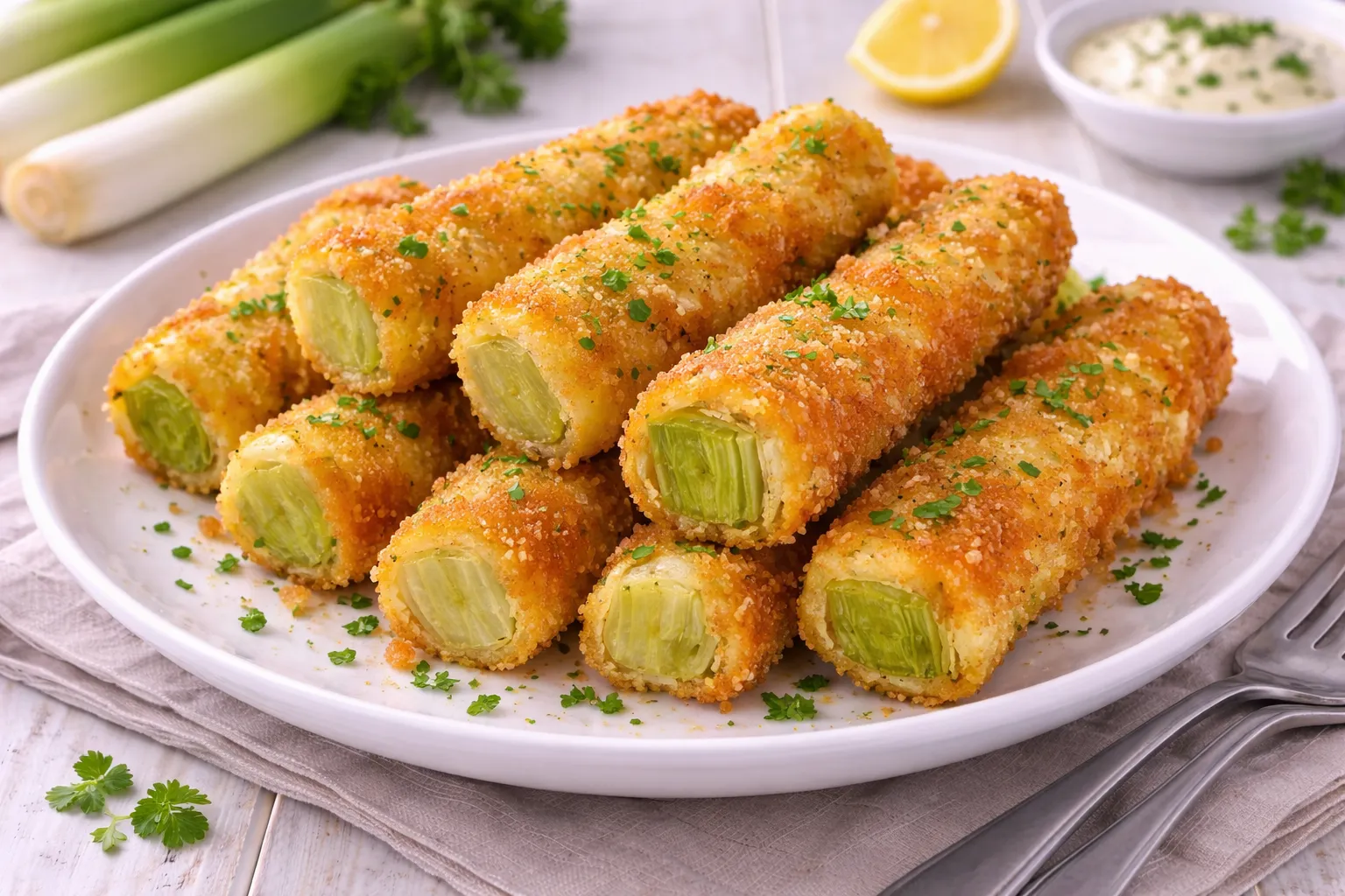 Gebackener Porree in knusprigem Tropfteig auf weißem Teller mit Dekoration angerichtet