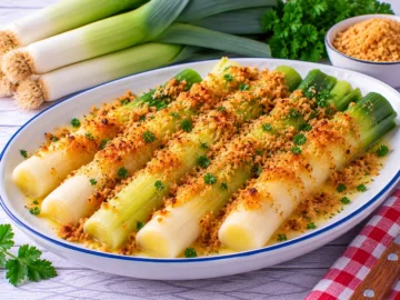 Gekochter Porree mit zerlassener Butter und goldbraun gerösteten Semmelbröseln.
