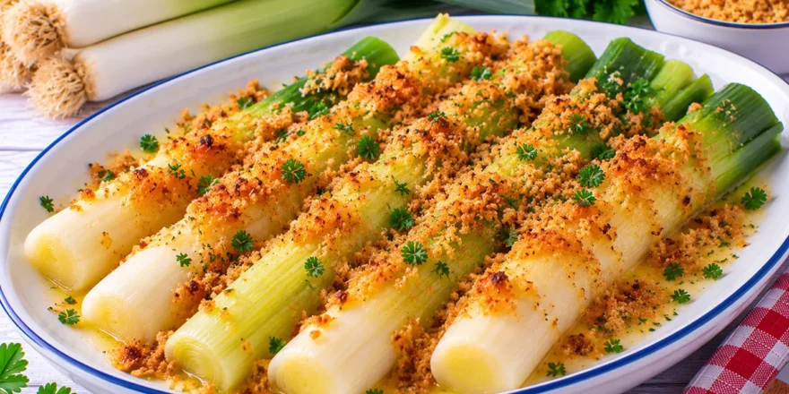 Gekochter Porree mit zerlassener Butter und goldbraun gerösteten Semmelbröseln.