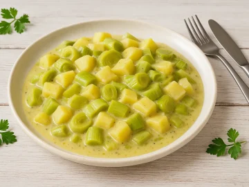 Porree-Gemüse mit Kartoffelwürfeln in cremiger Sauce auf weißem Teller, serviert auf hellem Holzhintergrund.