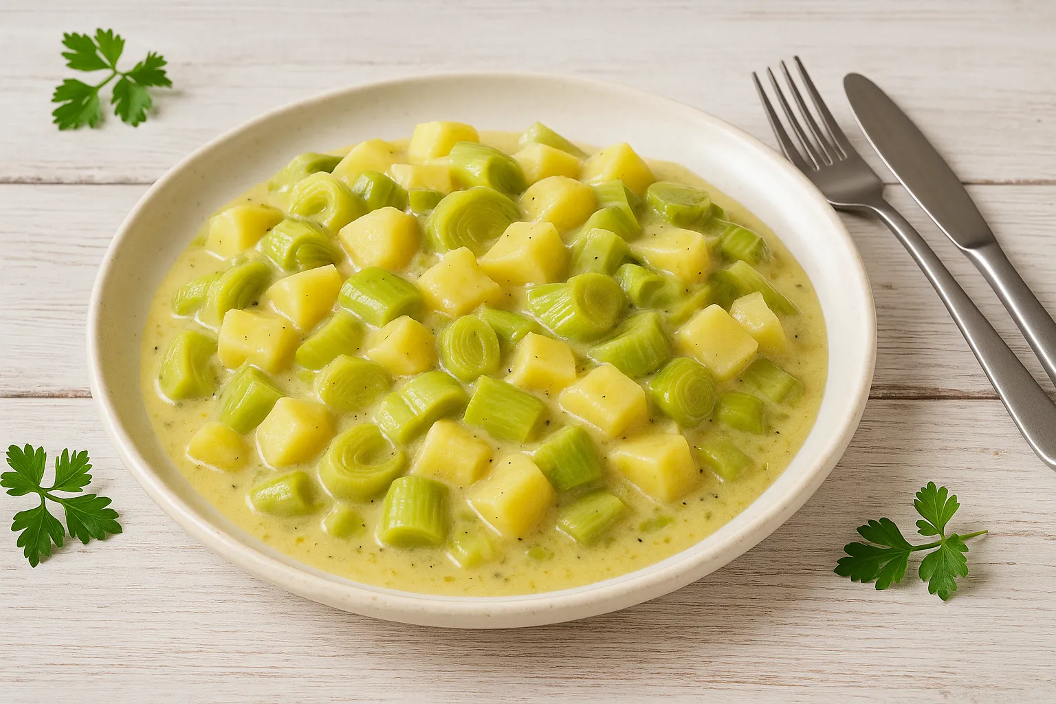 Porree-Gemüse mit Kartoffelwürfeln in cremiger Sauce auf weißem Teller, serviert auf hellem Holzhintergrund.