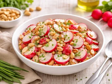 Radieschensalat mit Erdnüssen in einer weißen Schüssel auf hellem Holzhintergrund mit frischem Schnittlauch