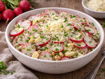 Radieschensalat mit Käse und Schnittlauch in rustikaler Schüssel