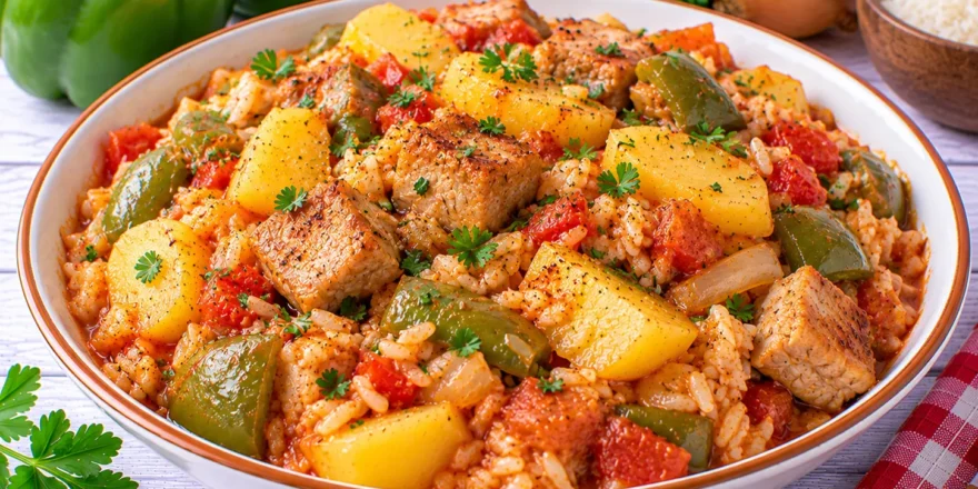 Herzhafter Reis-Gemüseeintopf mit Schweinefleisch, Reis, Kartoffeln, grüner Paprika und Tomaten.