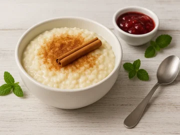 Süßer Reisbrei mit Zimt und Zucker, angerichtet in einer weißen Schüssel auf Holzuntergrund