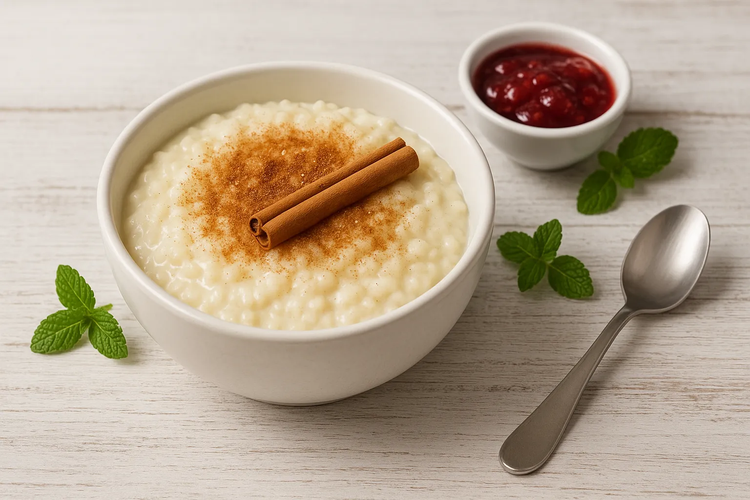 Süßer Reisbrei mit Zimt und Zucker, angerichtet in einer weißen Schüssel auf Holzuntergrund