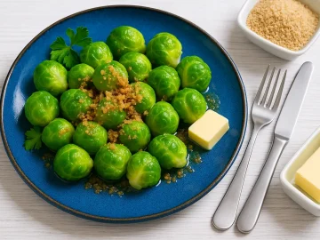Rosenkohl mit Butter und Semmelbröseln auf blauem DDR-Teller, serviert mit moderner Tischdeko auf weißem Holztisch.