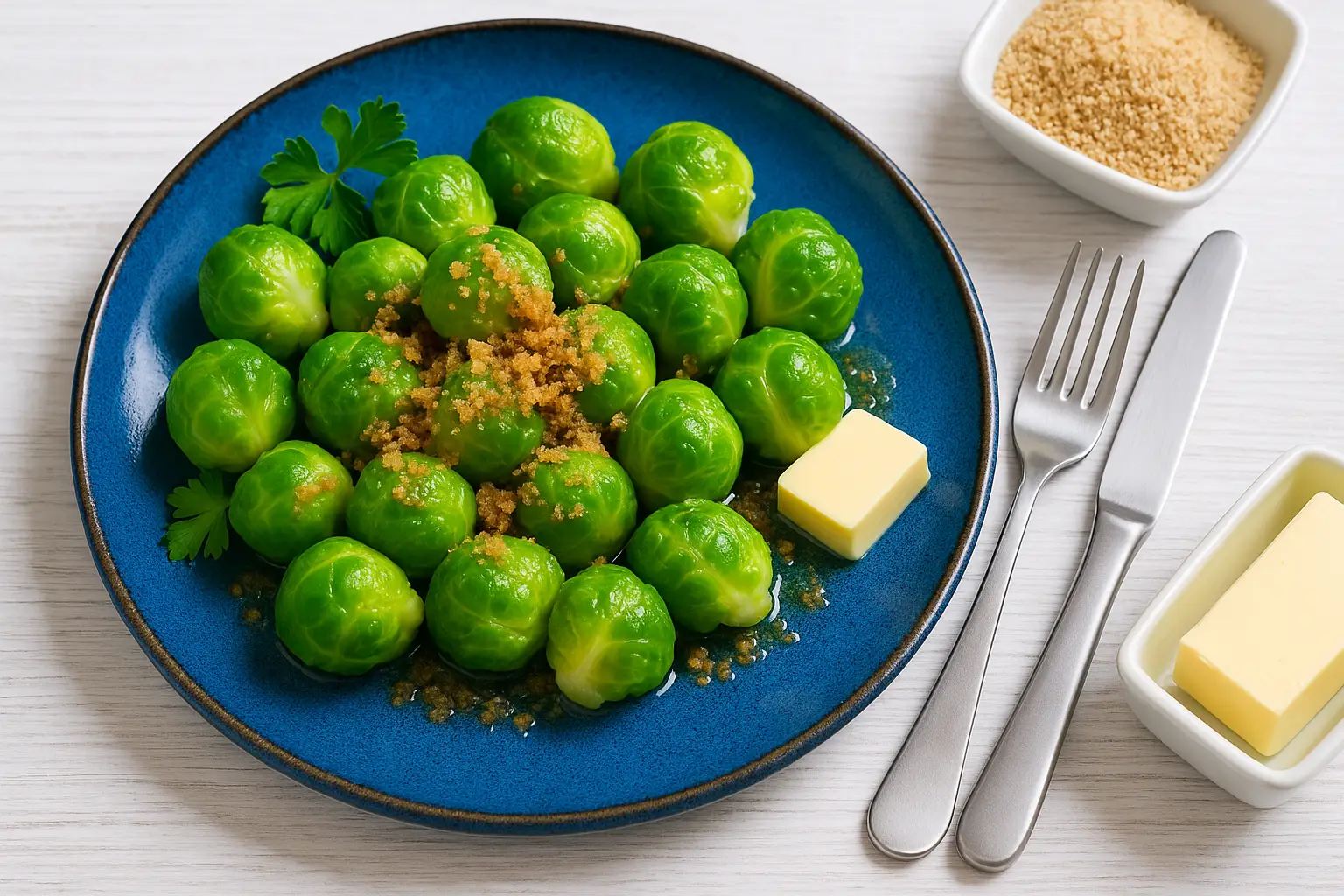 Rosenkohl mit Butter und Semmelbröseln auf blauem DDR-Teller, serviert mit moderner Tischdeko auf weißem Holztisch.