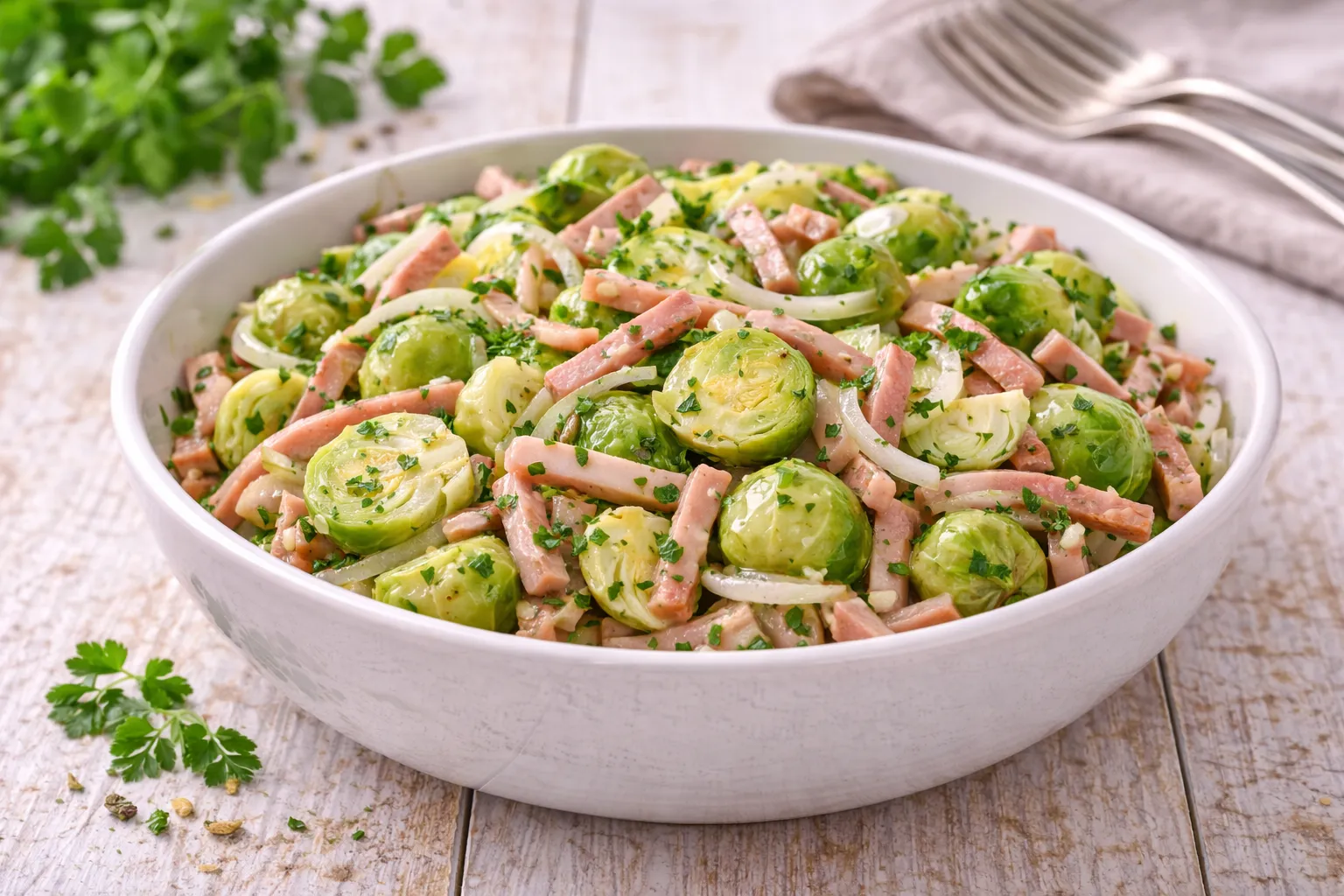 Rosenkohlsalat mit Schinkenstreifen und Petersilie in moderner Salatschüssel auf hellem Holztisch