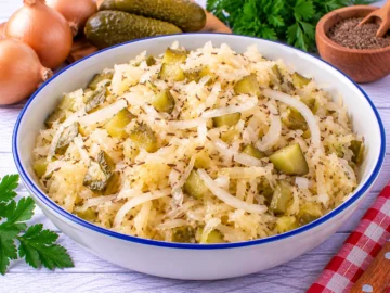 Sauerkrautsalat mit süßsauren Gurken, Zwiebeln und Kümmel.