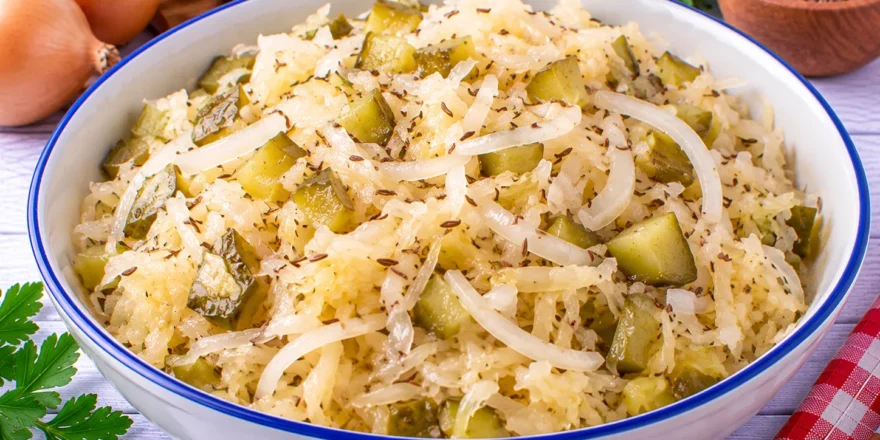 Sauerkrautsalat mit süßsauren Gurken, Zwiebeln und Kümmel.