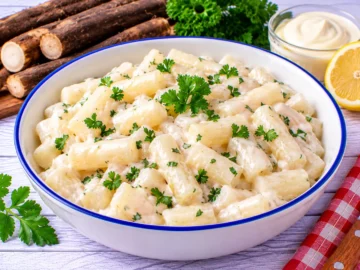 Cremiger Salat aus gekochten Schwarzwurzeln mit Mayonnaise.
