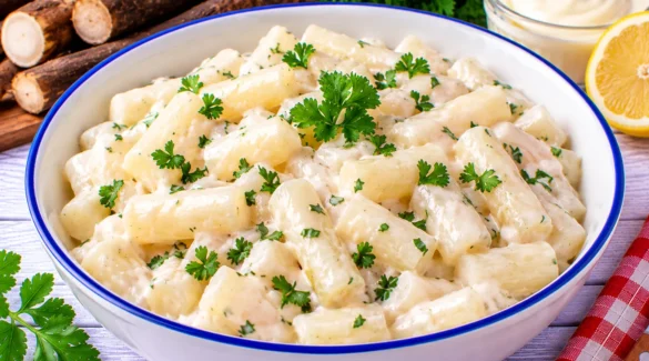 Cremiger Salat aus gekochten Schwarzwurzeln mit Mayonnaise.