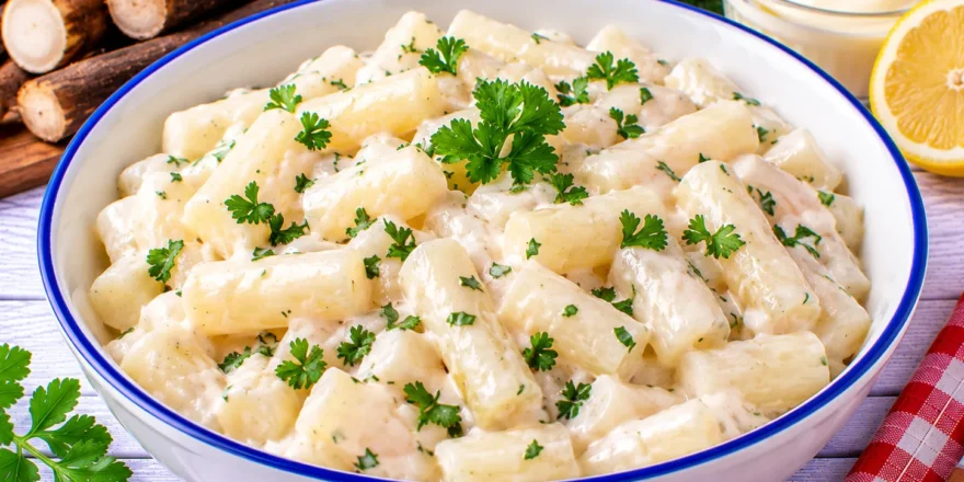 Cremiger Salat aus gekochten Schwarzwurzeln mit Mayonnaise.