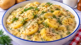 Saure Kartoffeln in cremiger Soße mit Dill, Kümmel und saurer Sahne.